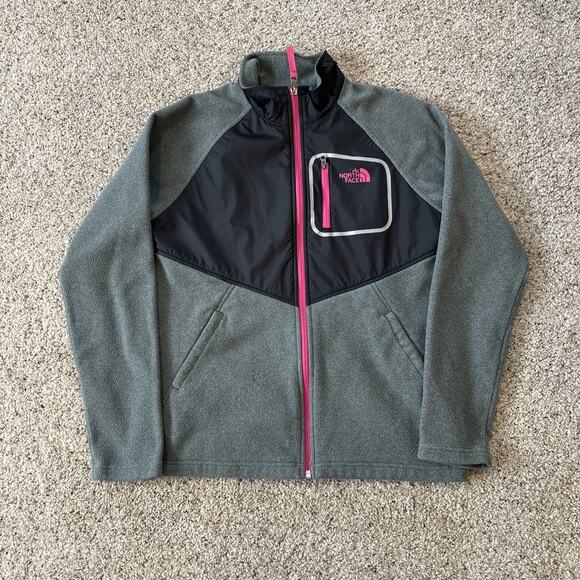 North Face Denali Jacket Girls XL Full Zip Pocket Fleece Grey Pink - Picture 1 of 6